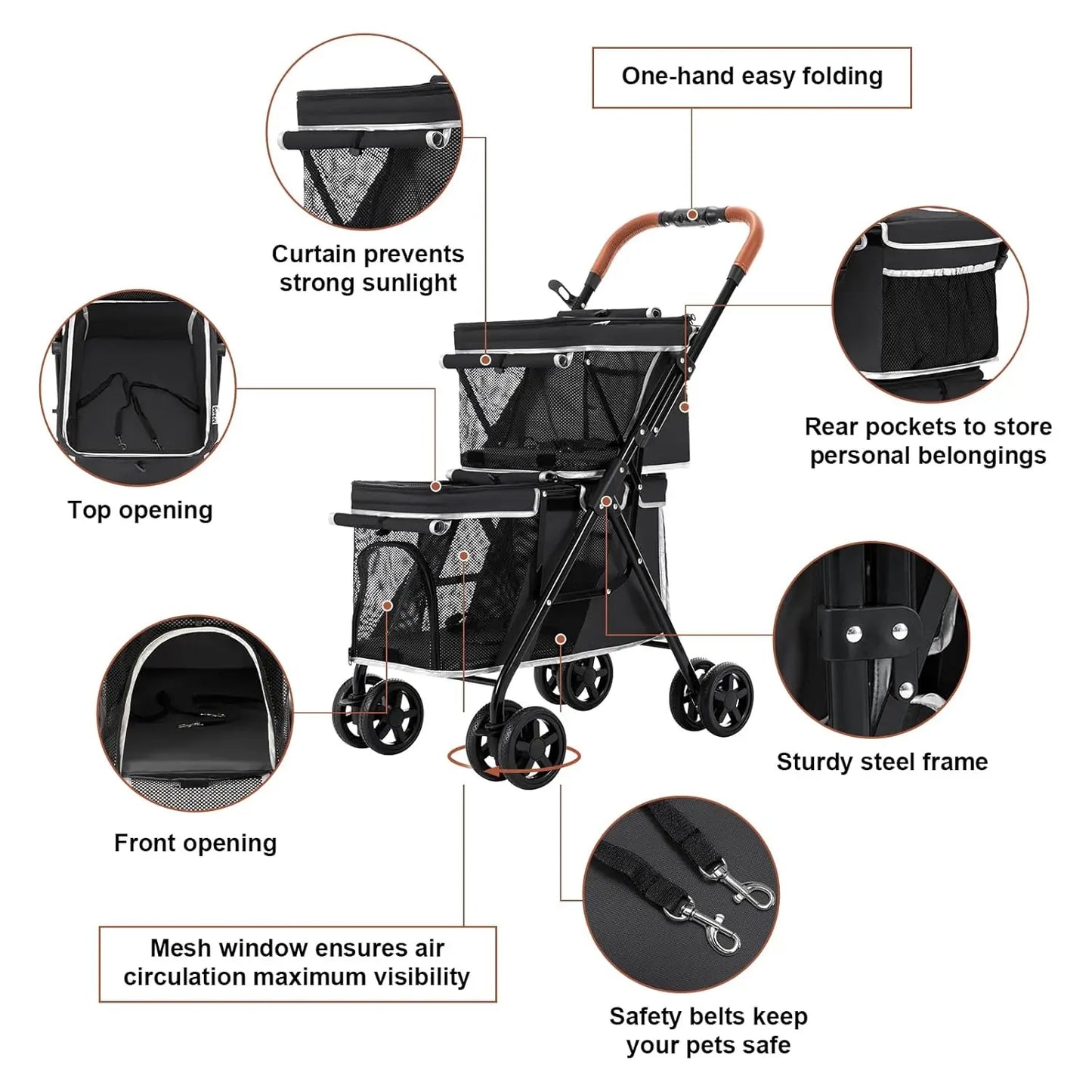 Double Pet Stroller for Dogs and Cats, One-Hand Folding Dog Stroller Travel Carriage for Small Medium Dogs Cats, 4 Wheels, Black
