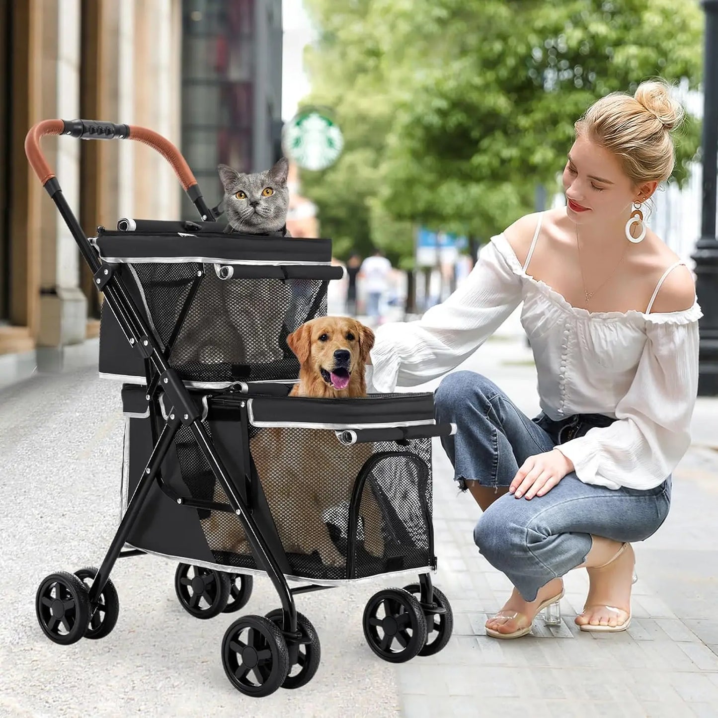 Double Pet Stroller for Dogs and Cats, One-Hand Folding Dog Stroller Travel Carriage for Small Medium Dogs Cats, 4 Wheels, Black