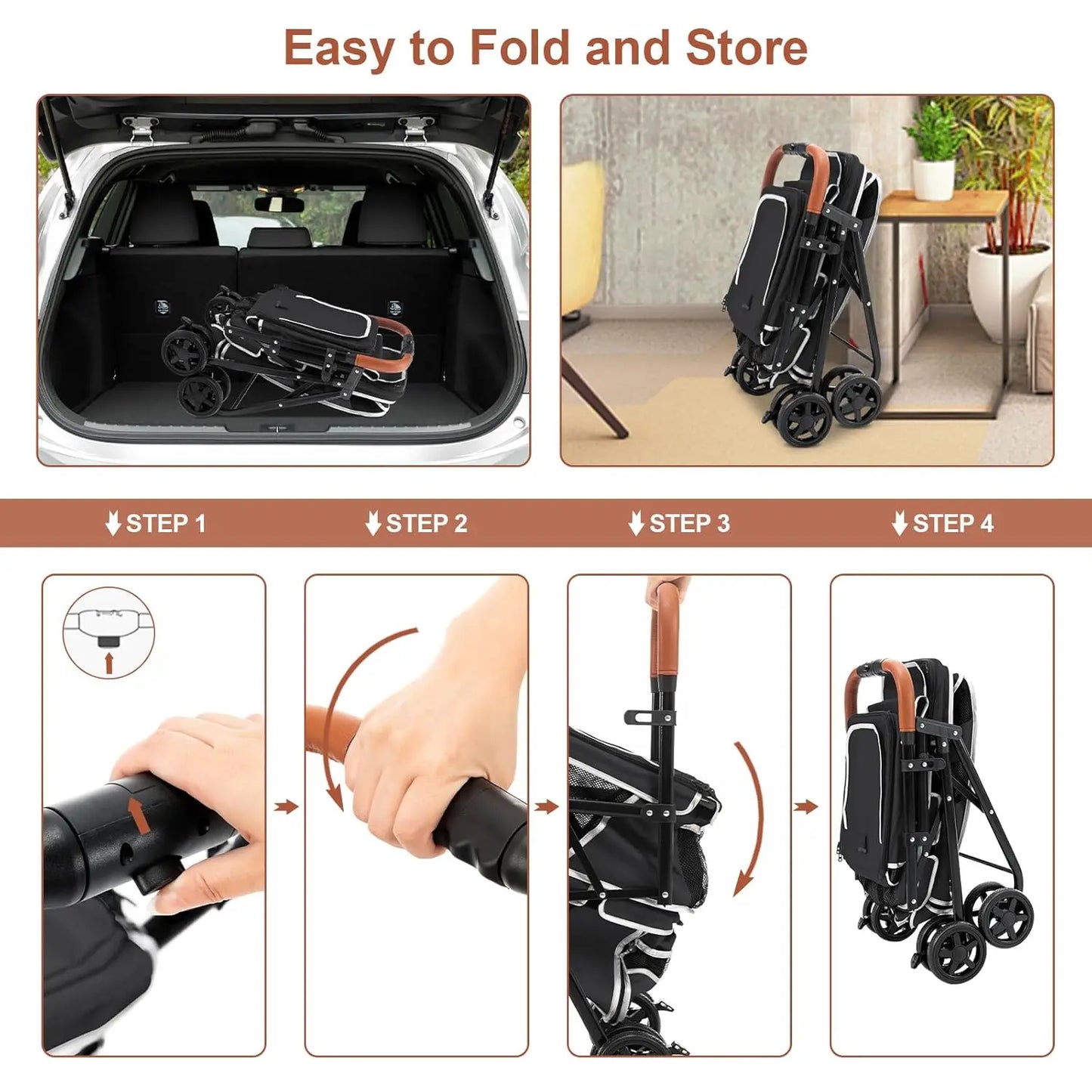 Double Pet Stroller for Dogs and Cats, One-Hand Folding Dog Stroller Travel Carriage for Small Medium Dogs Cats, 4 Wheels, Black
