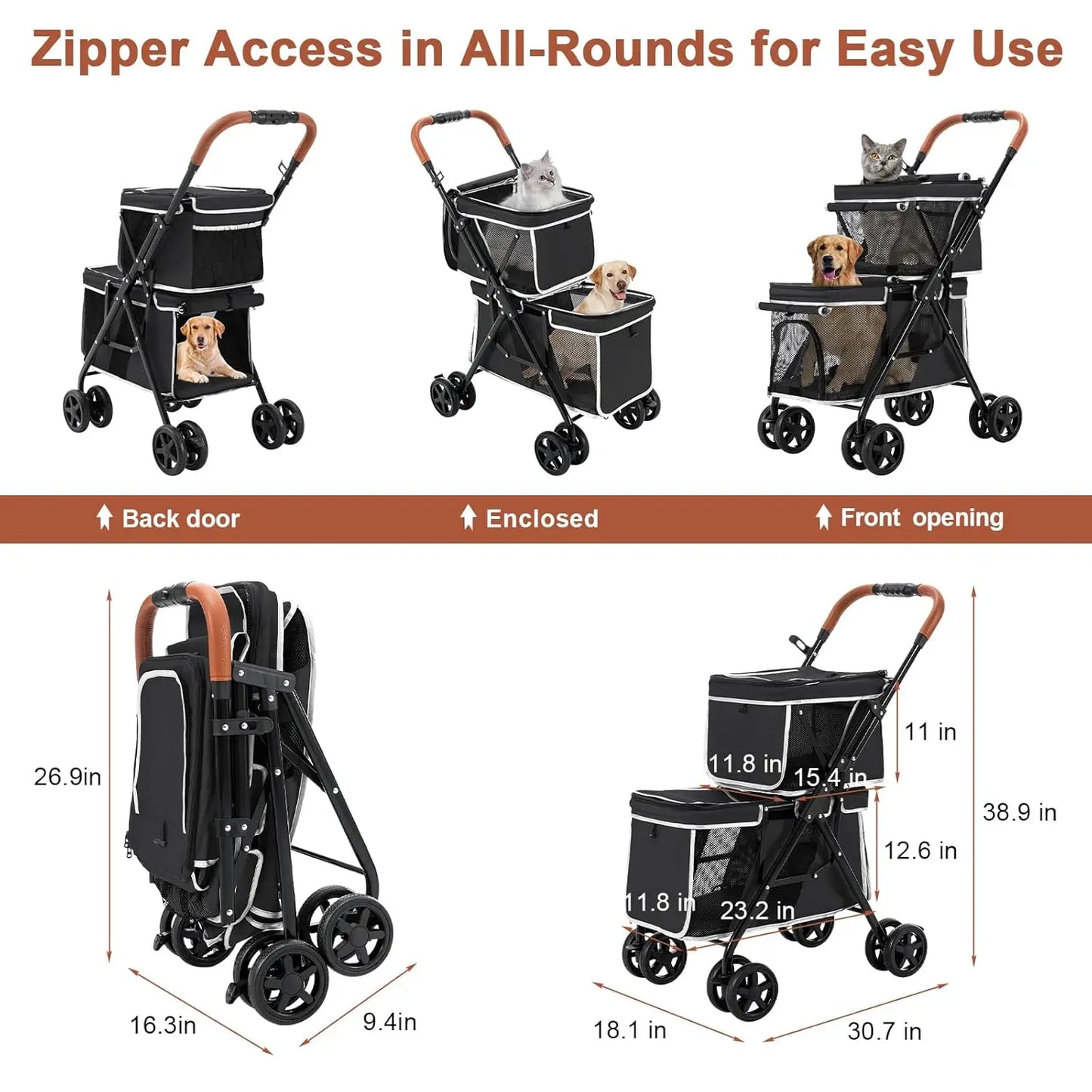 Double Pet Stroller for Dogs and Cats, One-Hand Folding Dog Stroller Travel Carriage for Small Medium Dogs Cats, 4 Wheels, Black
