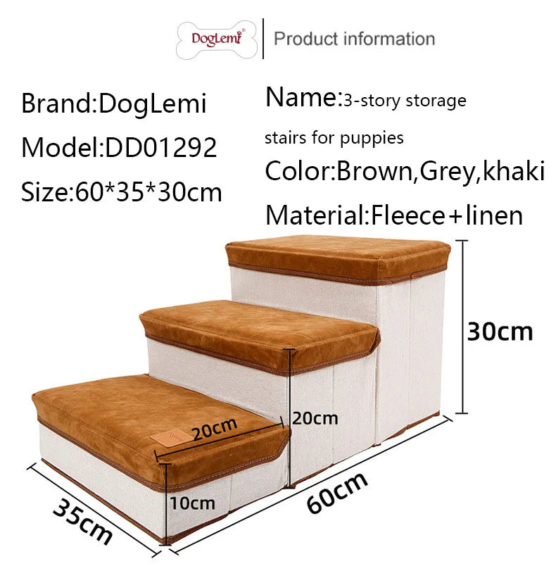 Hundtrappa med 3 steg med förvaringsbox, 10/20/30 cm höjd, klädd i flanellinne, lämplig för små hundar.